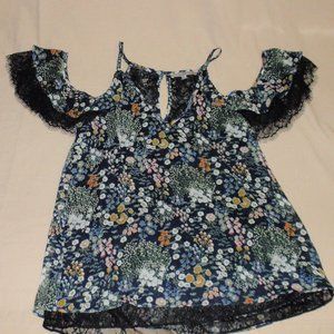 Miss Me Off Cold Shoulder Floral Black Lace Tank Blouse Summer Sz S